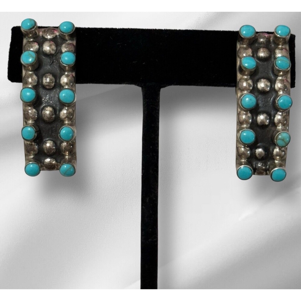Vintage Taxco Mexico Snake Eye Turquoise Clip On Sterling Earrings